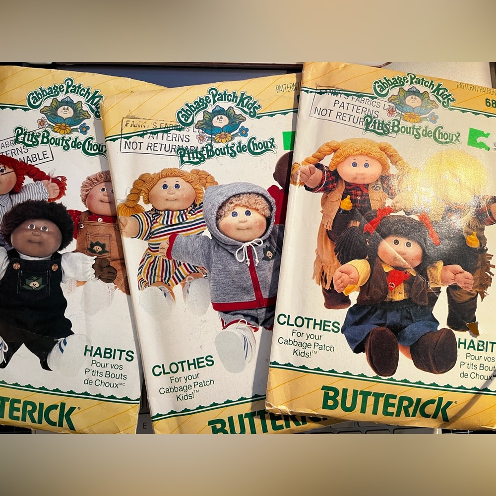 Vintage 1984 Cabbage Patch Kids Clothing Patterns set of 3 packs